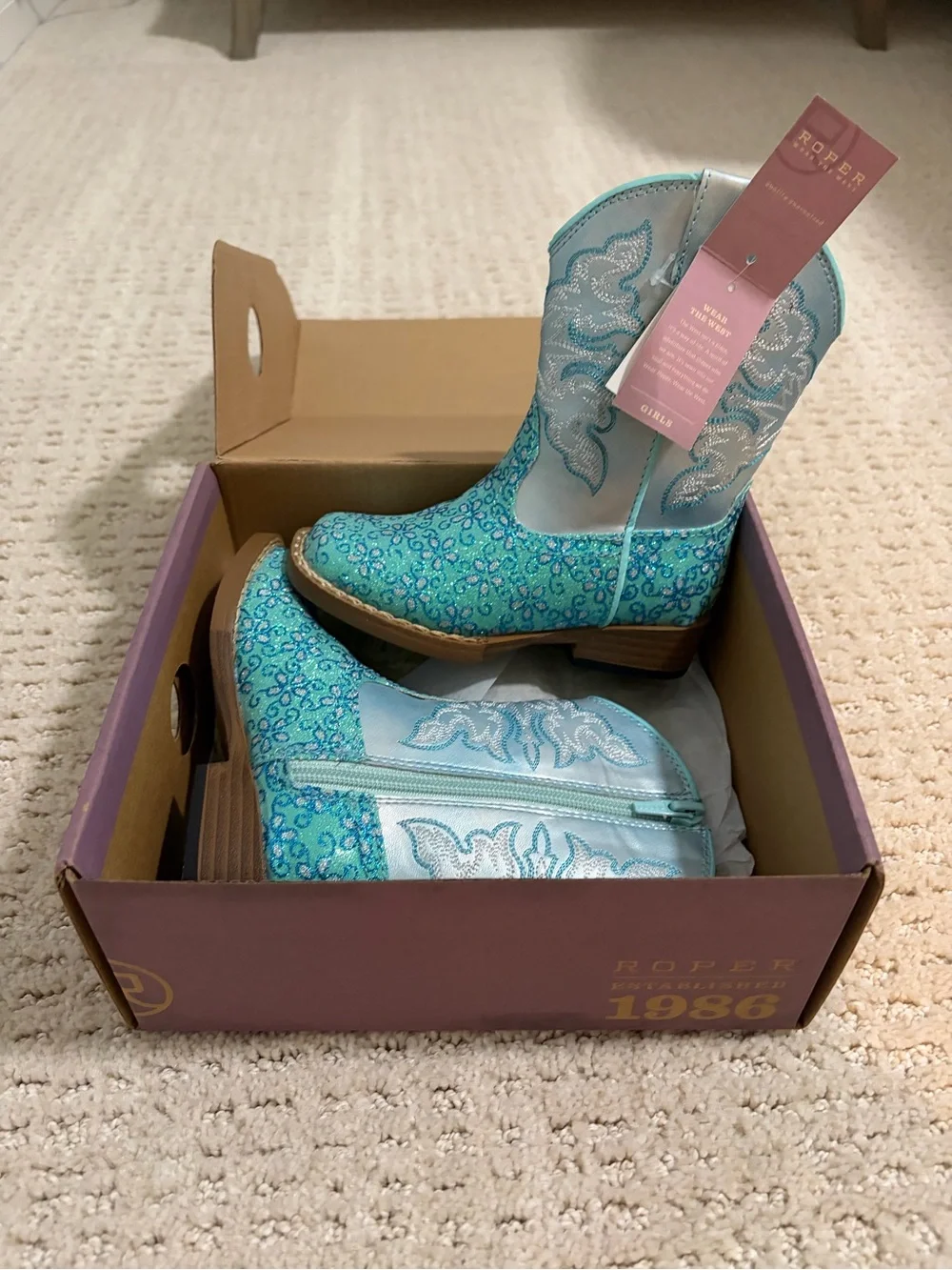 Roper Turquoise Floral Glitter Kids Western Boots